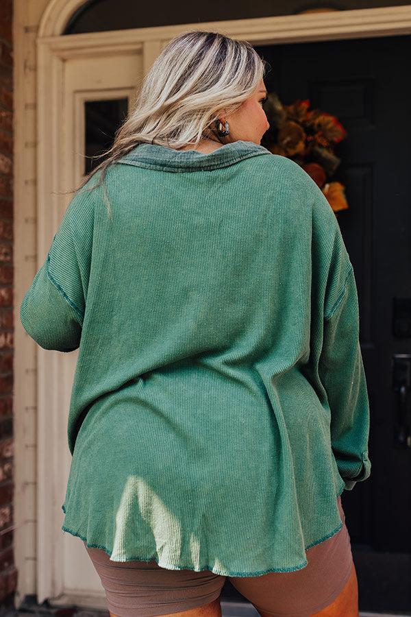 Campfire Stories Waffle Knit Button Up in Green Curves Product Image