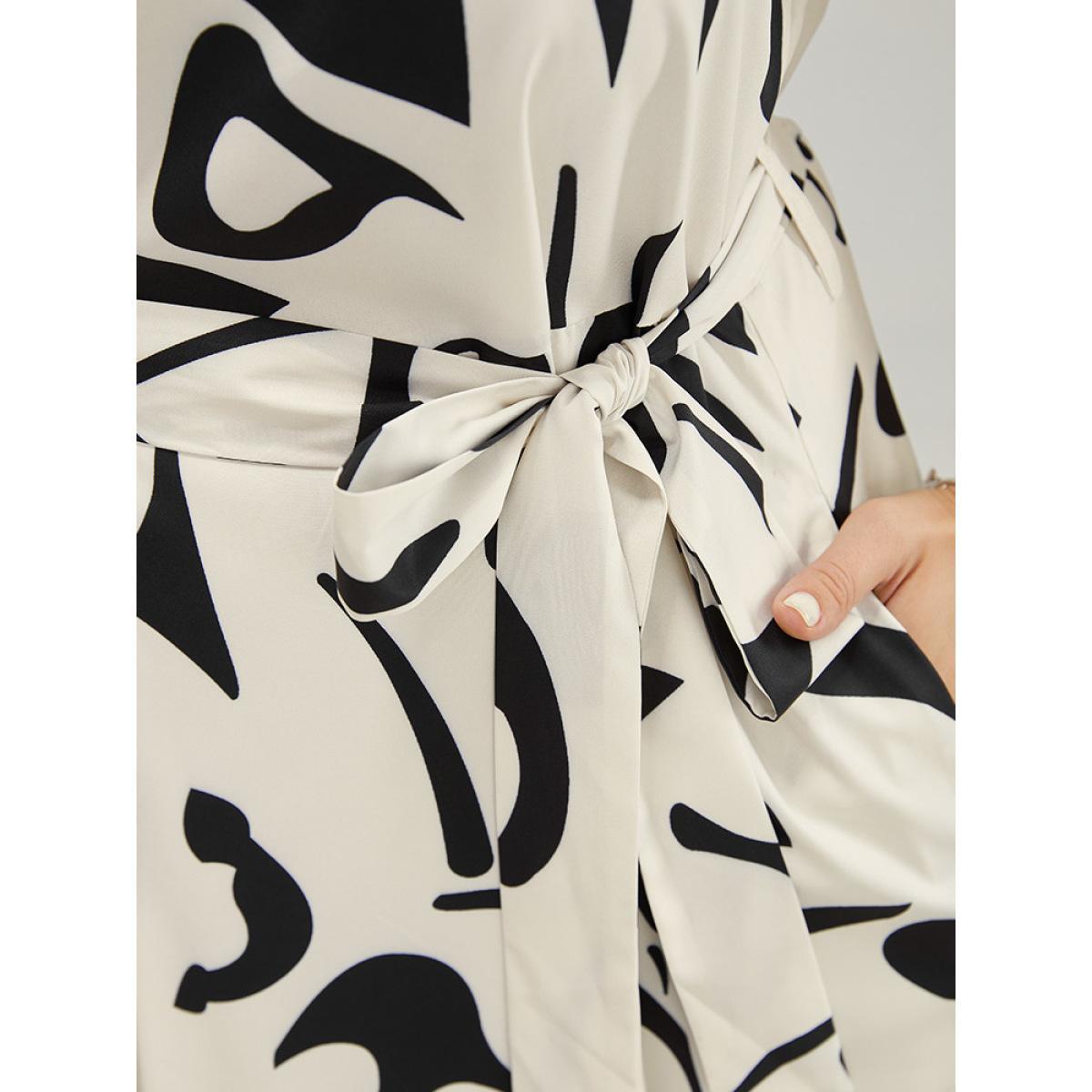 Plus Size Geometric Print Pocket Flutter Hem Belted Puff Sleeve Dress Multicolor Women Elegant Belted V-neck Short sleeve Curvy Midi Dress BloomChic 22-24/3X Product Image