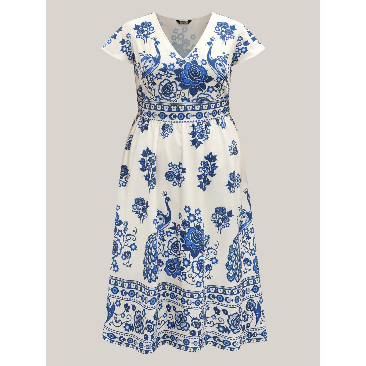 Plus Size Boho Print V-Neck Pockets Midi Dress Mediumblue Women V-neck Short sleeve Curvy BloomChic 30/6X Product Image