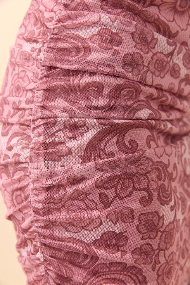 Ali Mauve Lace Print Mesh Midi Dress Product Image