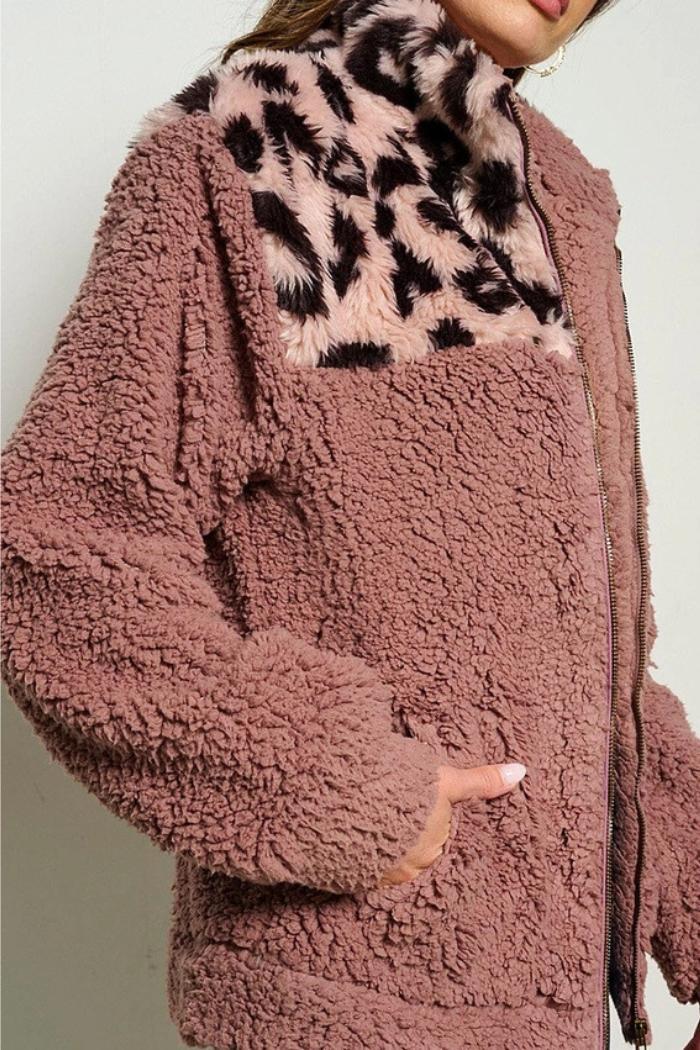 Pockets Zip Up Animal Print Sherpa Jacket Product Image