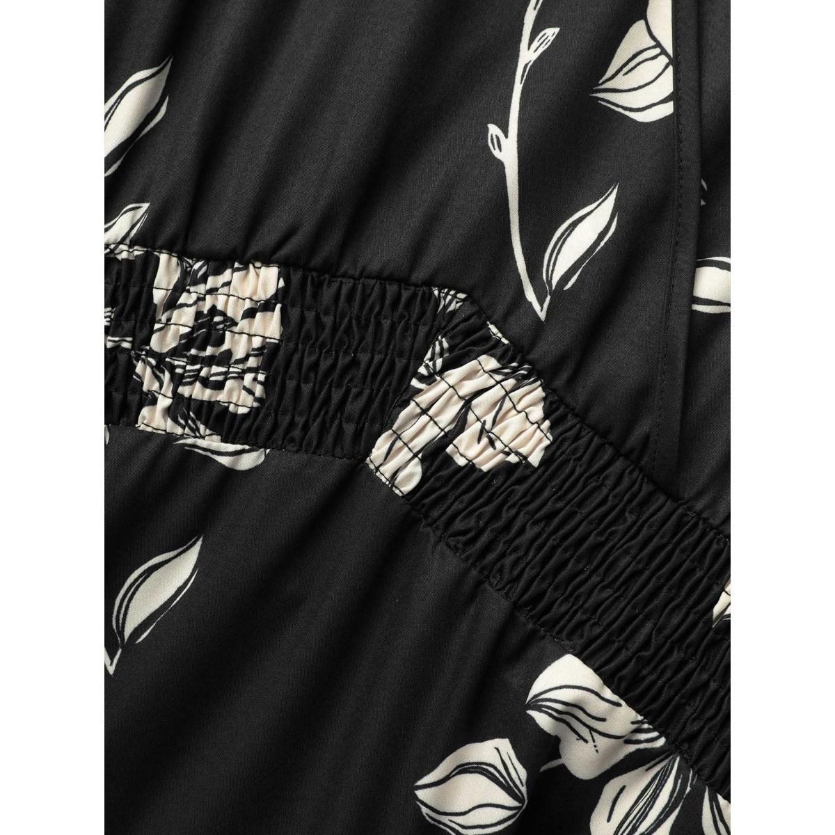 Plus Size Silhouette Floral Print Shirred Waist Midi Dress BlackFlower Women Elegant Shirred Overlap Collar Short sleeve Curvy BloomChic 12/L Product Image