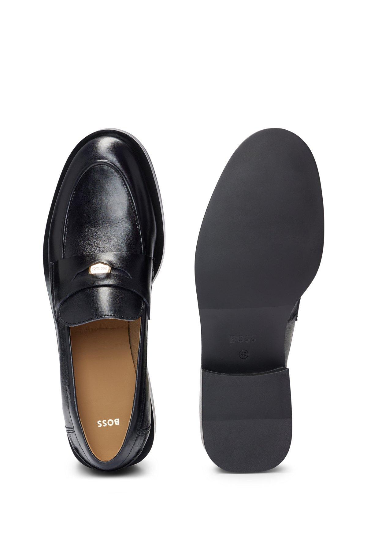 BOSS - Leather moccasins with branded hardware - Black Product Image