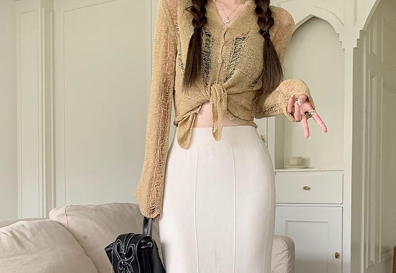 High Rise Plain Midi Mermaid Knit Skirt Product Image