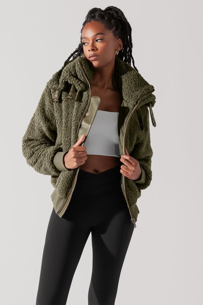 The Kinsley Bomber Jacket in Faux Sherpa - Olive Product Image