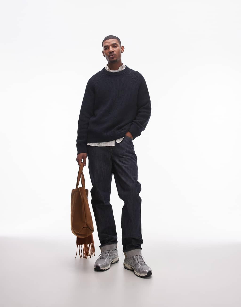 ARKET linen blend knitted sweater in navy blue Product Image