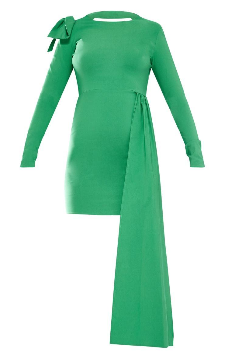 Green Stretch Woven Bow Shoulder Open Back Bodycon Dress Product Image