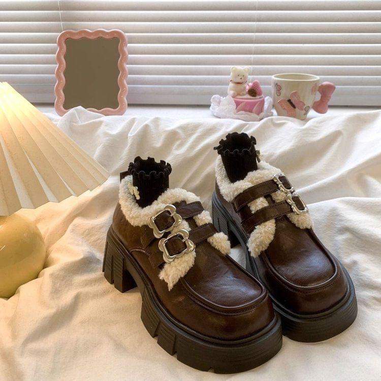 Platform Fleece-Lined Buckled Faux Leather Shoes Product Image