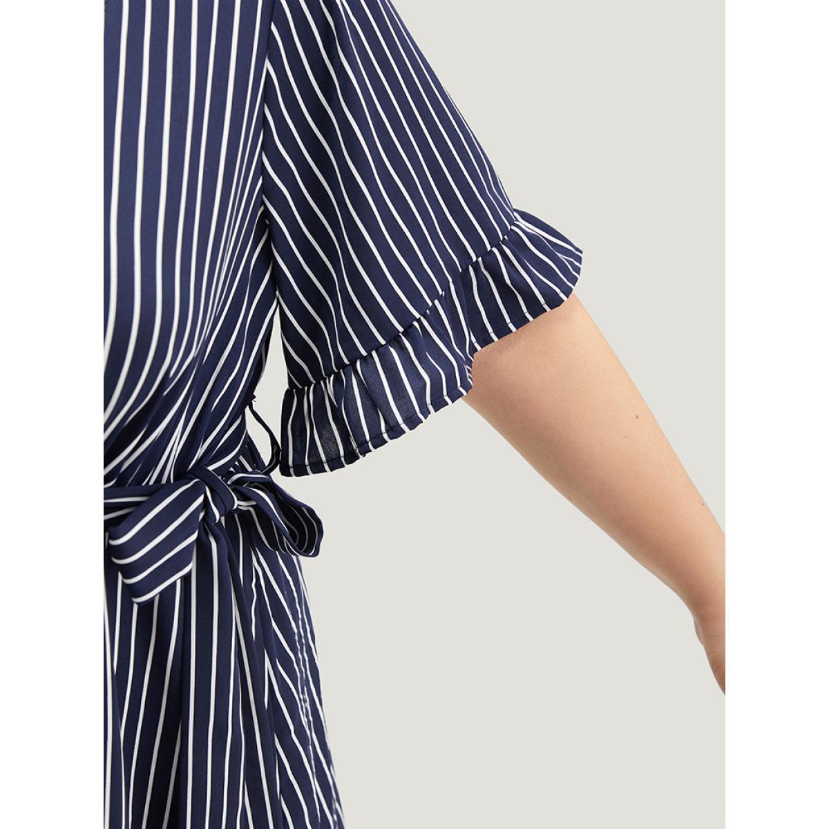 Plus Size Striped Belted Button Detail Flutter Sleeve Dress DarkBlue Women Casual Belted V-neck Short sleeve Curvy Midi Dress BloomChic 22-24/3X Product Image