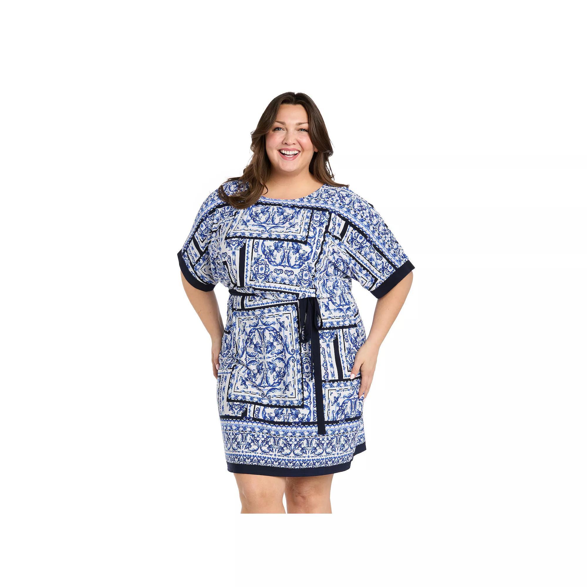 Plus Size R&M Richards Double Border Puff Print Jersey Dress, Women's, Size: 22 W, White Blue Product Image