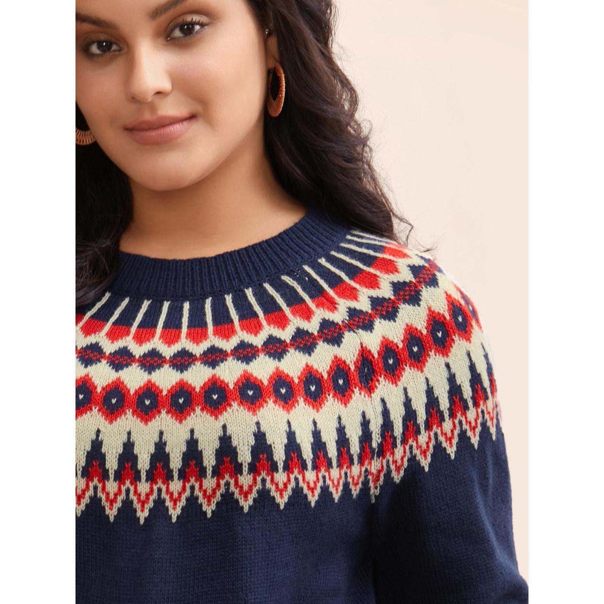 Plus Size Fair Isle Pull Over Crew Neck Pullover Navy Women Casual Long Sleeve Round Neck Everyday Pullovers BloomChic 26/4X Product Image