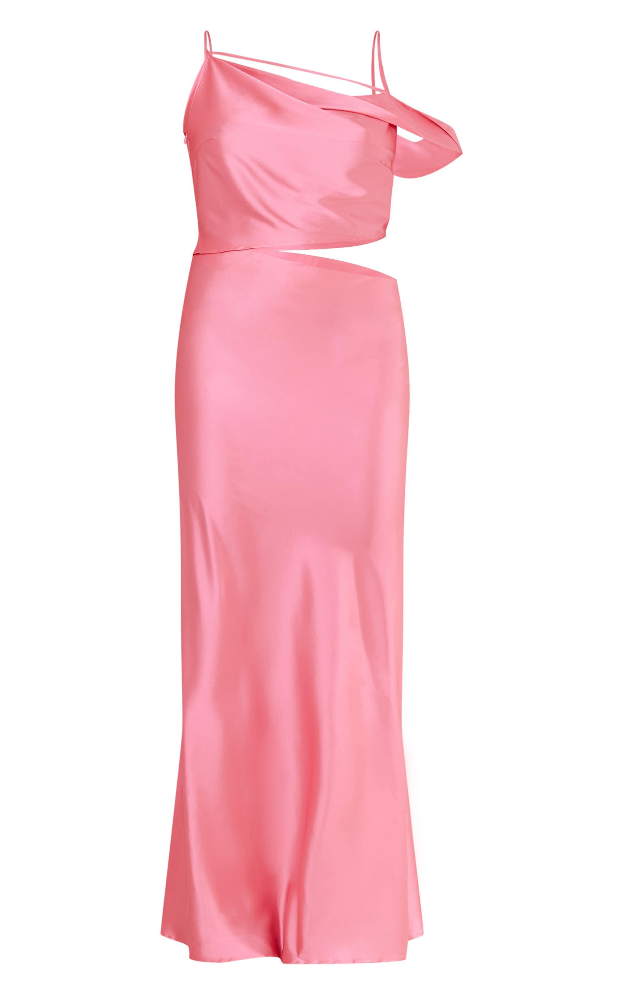 Pink Satin Asymmetric Cut Out Maxi Dress Product Image