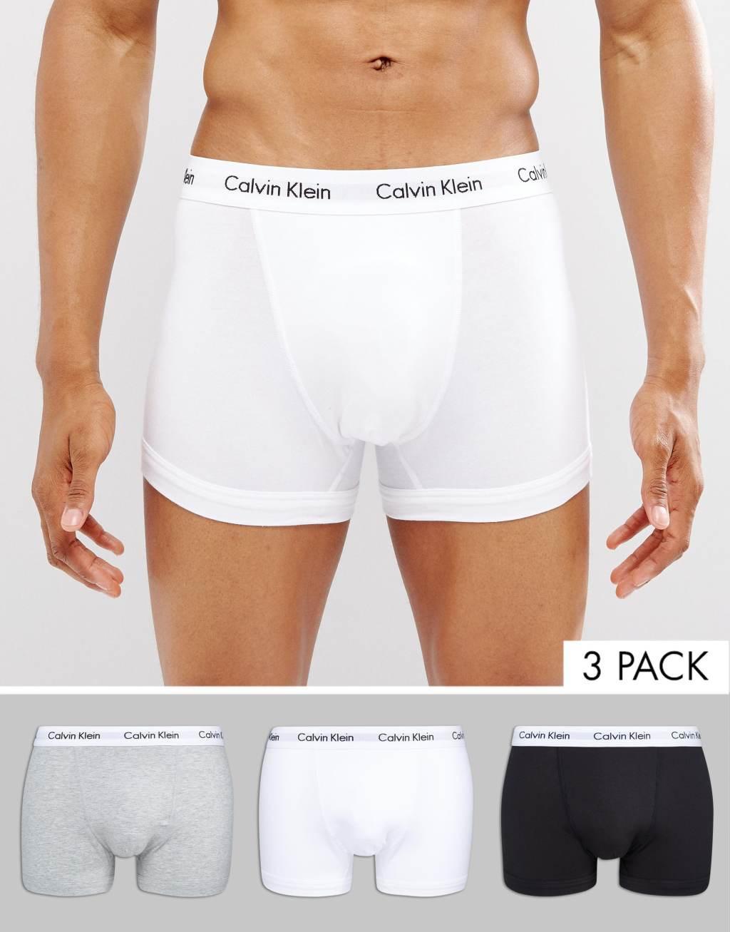 Calvin Klein Cotton Stretch 3-pack trunks in black,white and gray Product Image