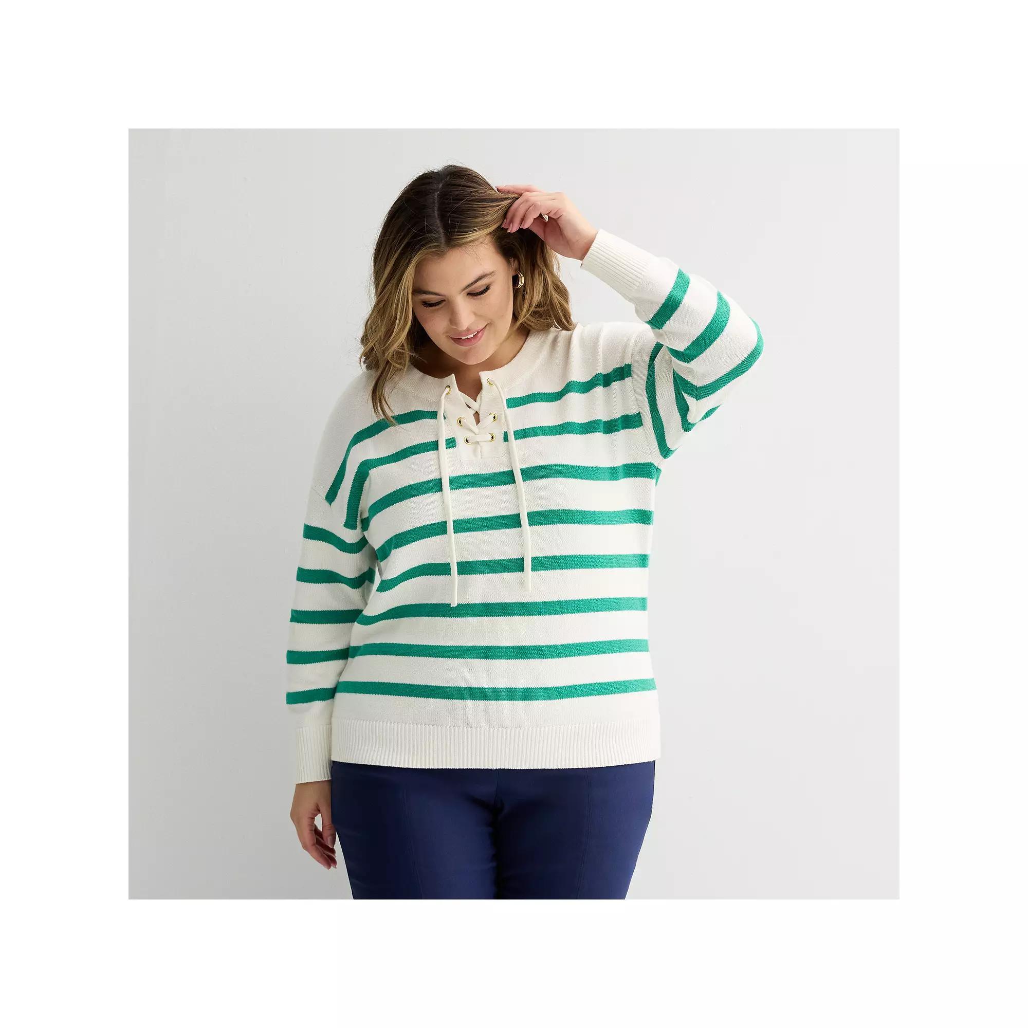 Plus Size Croft & Barrow® Knitted Lace-Up Drop Shoulder Pullover Sweater, Women's, Size: 4XL, Green Mariner Stripe Product Image
