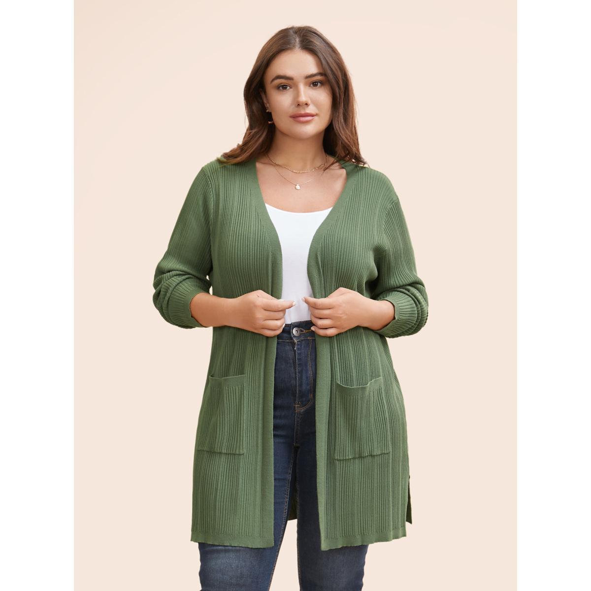 Plus Size Plain Textured Split Hem Patch Pocket Cardigan Greenbean Women Casual Loose Long Sleeve Everyday Cardigans BloomChic 22-24/3X Product Image