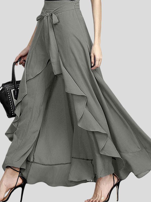 Loose Ruffle Trim Solid Color Split-Joint Tied Waist Zipper Culotte Product Image