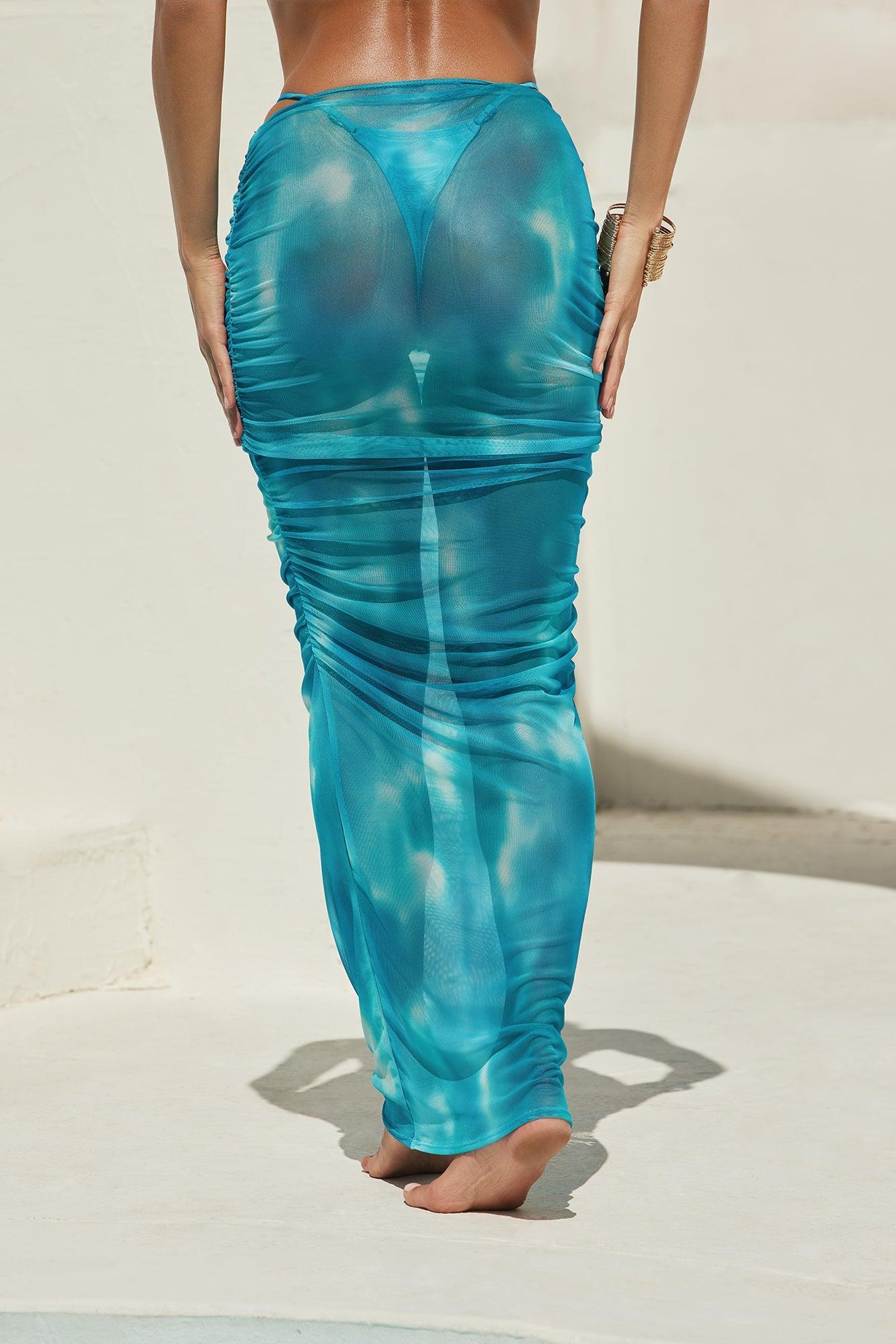 Sultry Summer Hardware Ruched Mesh Cover Up Maxi Skirt - Blue/combo Product Image