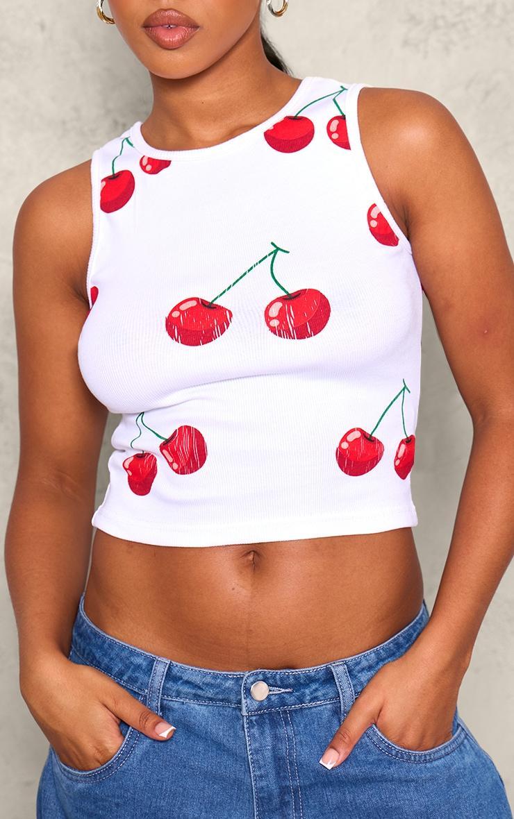 White Rib Cherry Printed Longline Racer Product Image