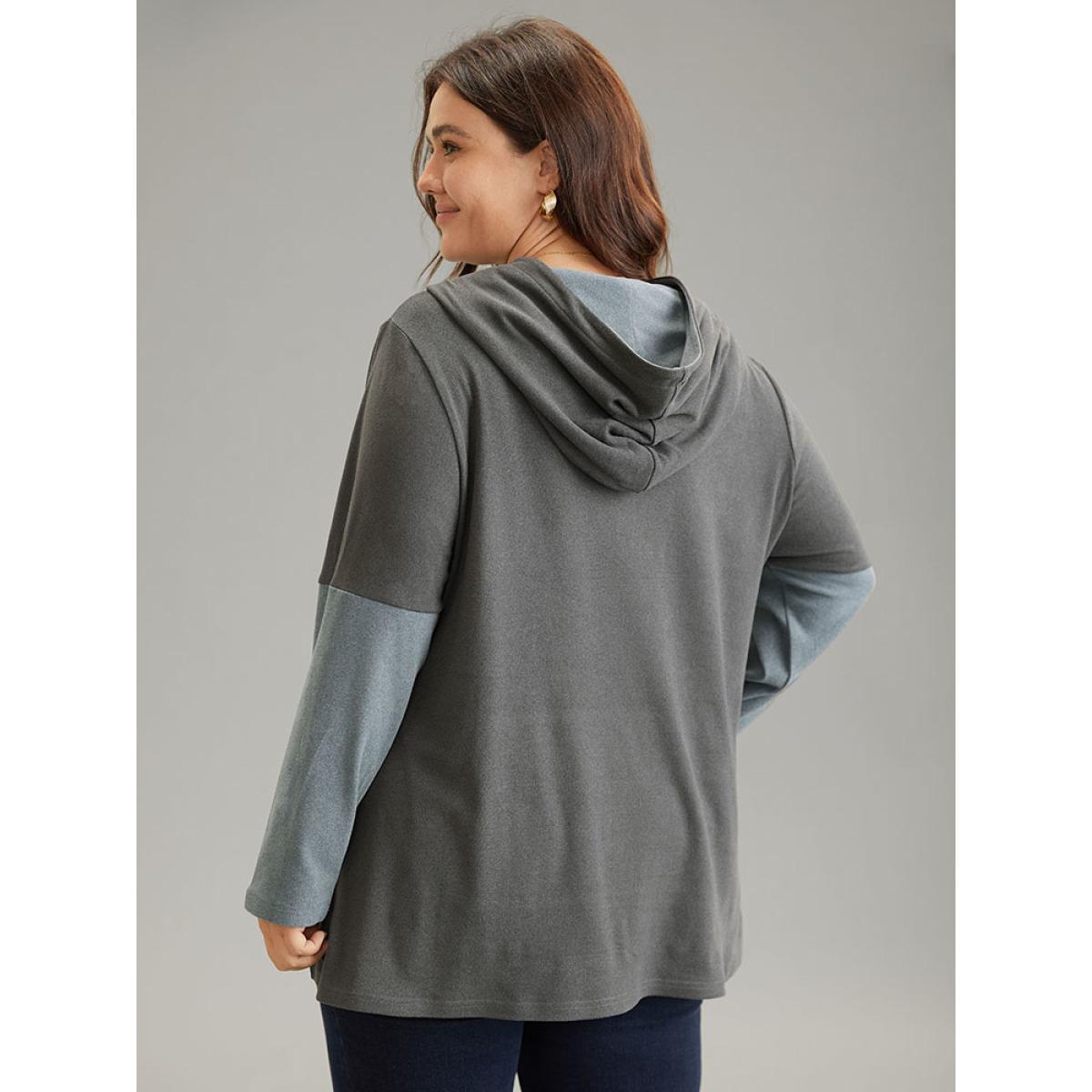 Plus Size Contrast Kangaroo Pocket Hooded Button Detail Sweatshirt Women DimGray Elegant Contrast Hooded Dailywear Sweatshirts BloomChic 28/5X Product Image