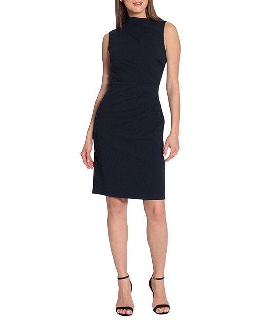 Maggy London Asymmetrical Neck Sleeveless Draped Scuba Crepe Sheath Dress Product Image