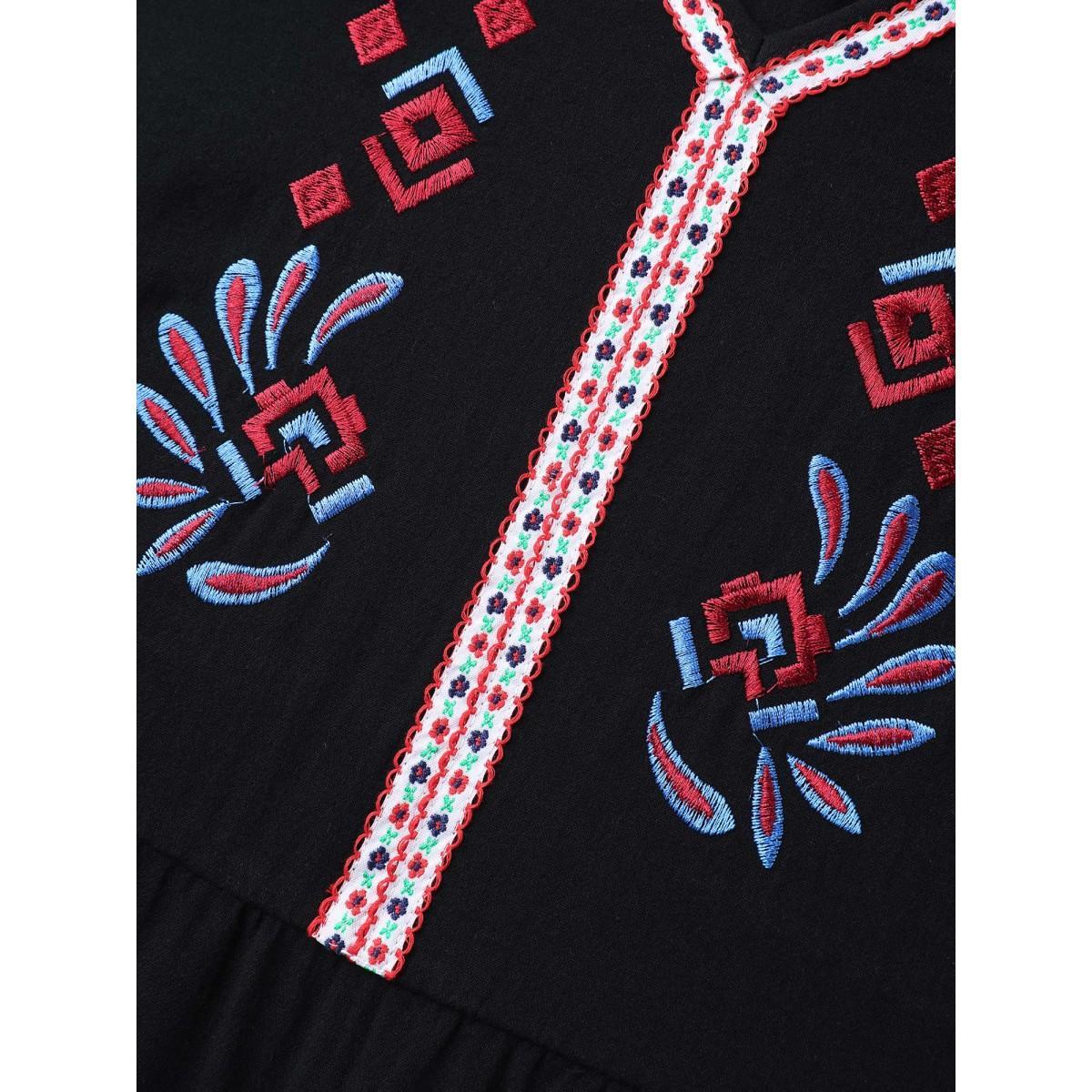 Plus Size Pure Cotton Embroidered Pockets Midi Dress Black Women V-neck Half Sleeve Curvy BloomChic 18-20/2X Product Image