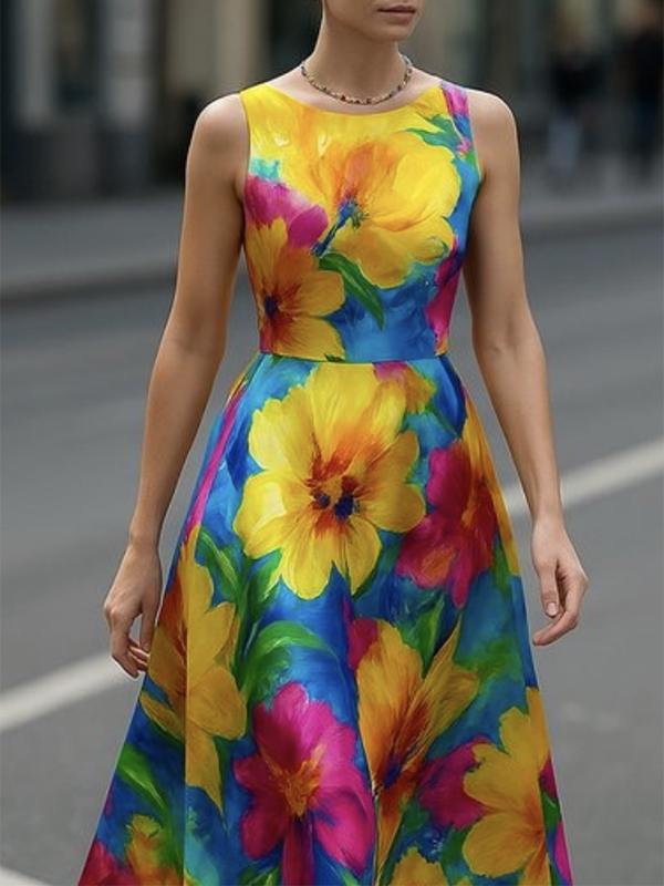 Sleeveless Contrast Color Flower Print Round-Neck Midi Dresses Product Image