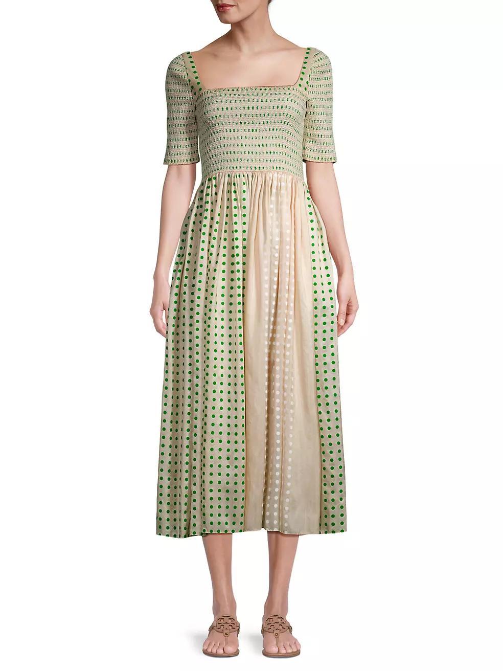 Silk Dotted Smocked Midi-Dress Product Image