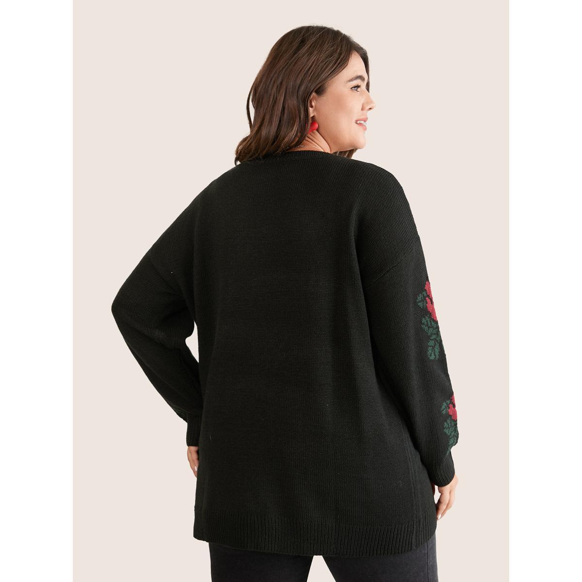 Plus Size Rose Jacquard Crew Neck Drop Shoulder Pullover Black Women Casual Long Sleeve Round Neck Everyday Pullovers BloomChic 22-24/3X Product Image