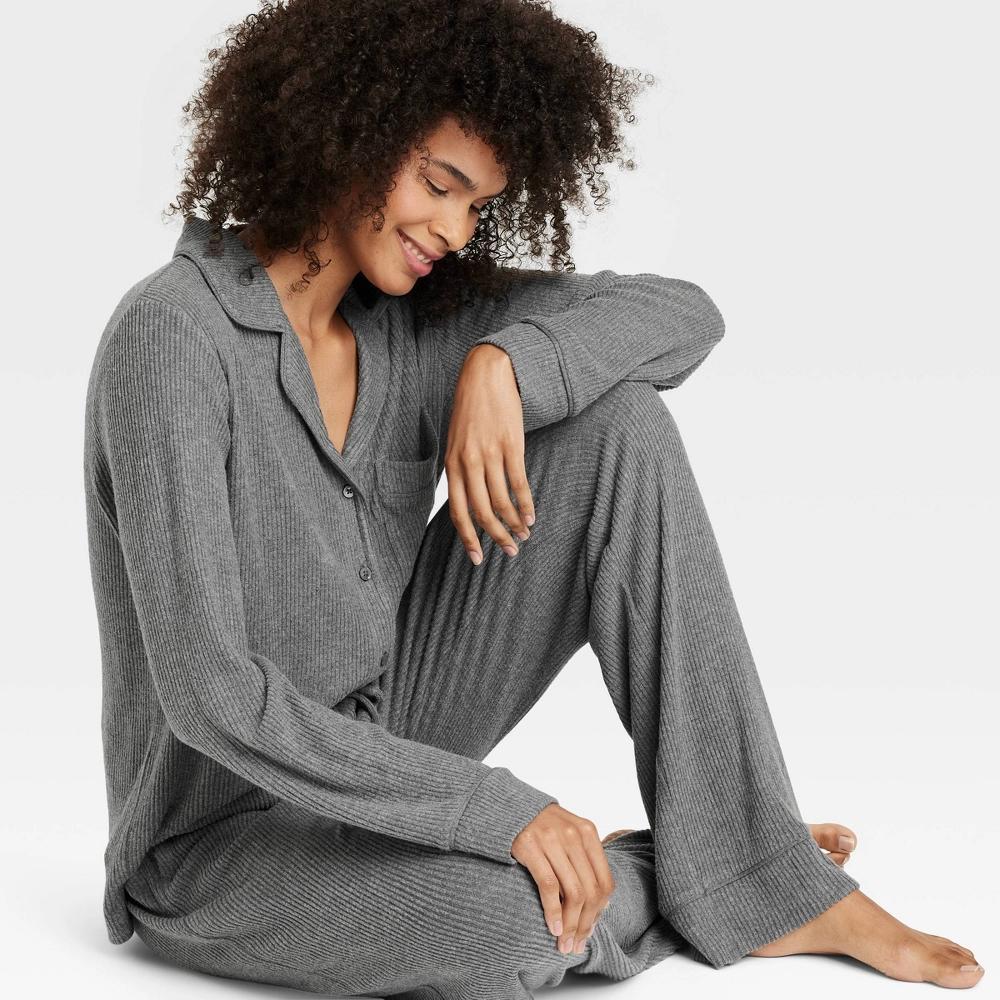 Women's Cozy Ribbed Long Sleeve Notch Collar Shirt and Pants Pajama Set - Auden™ Product Image