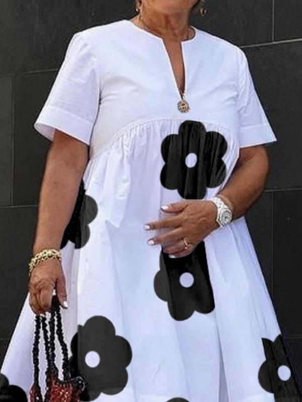 Loose Short Sleeves Flower Print V-Neck Midi Dresses Product Image