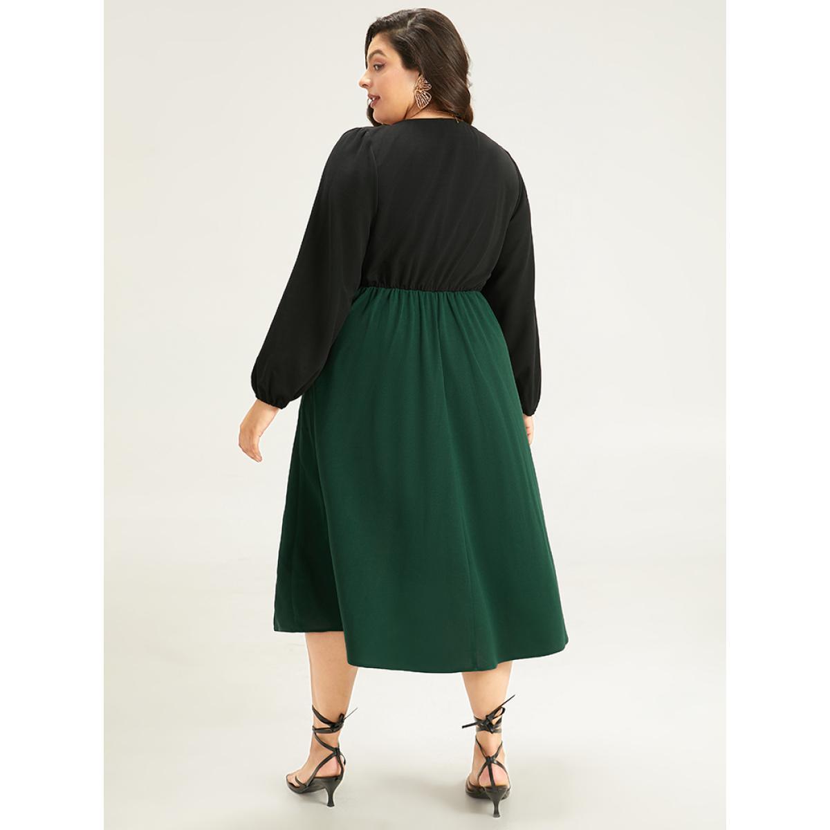 Plus Size Colorblock Patchwork Button Detail Dress DarkGreen Women Elegant Elastic cuffs Square Neck Long Sleeve Curvy Midi Dress BloomChic 22-24/3X Product Image