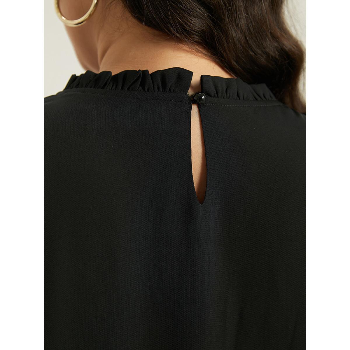 Plus Size Black Twill Floral Patchwork Shirred Mesh Frill Trim Blouse Women Elegant Long Sleeve Stand-up collar Dailywear Blouses BloomChic 26/4X Product Image