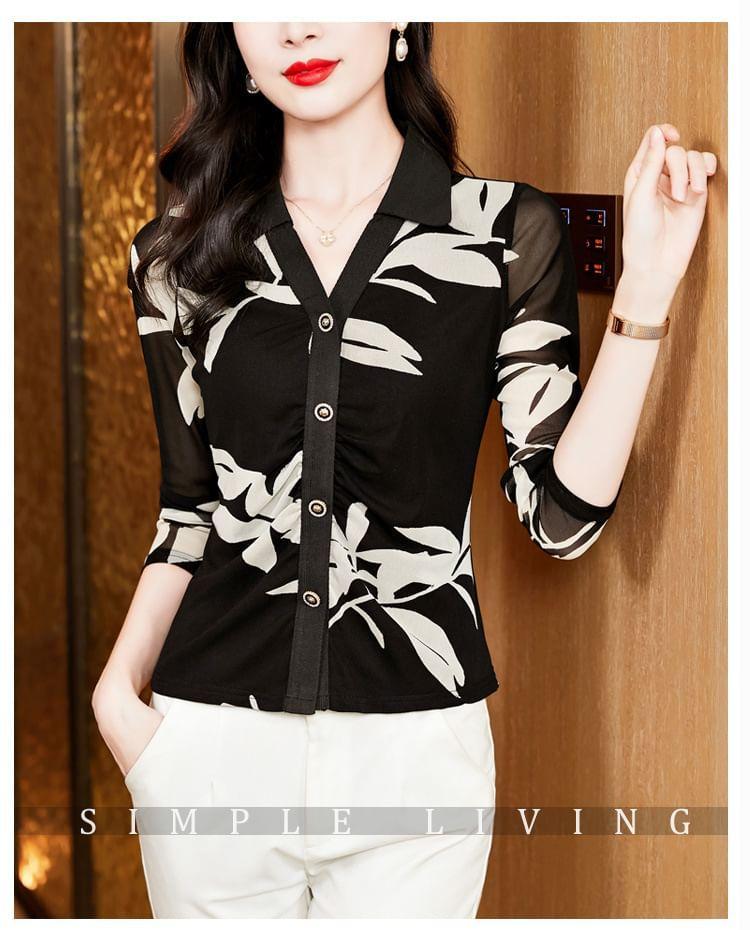 Long-Sleeve V-Neck Floral Mesh Shirt Product Image