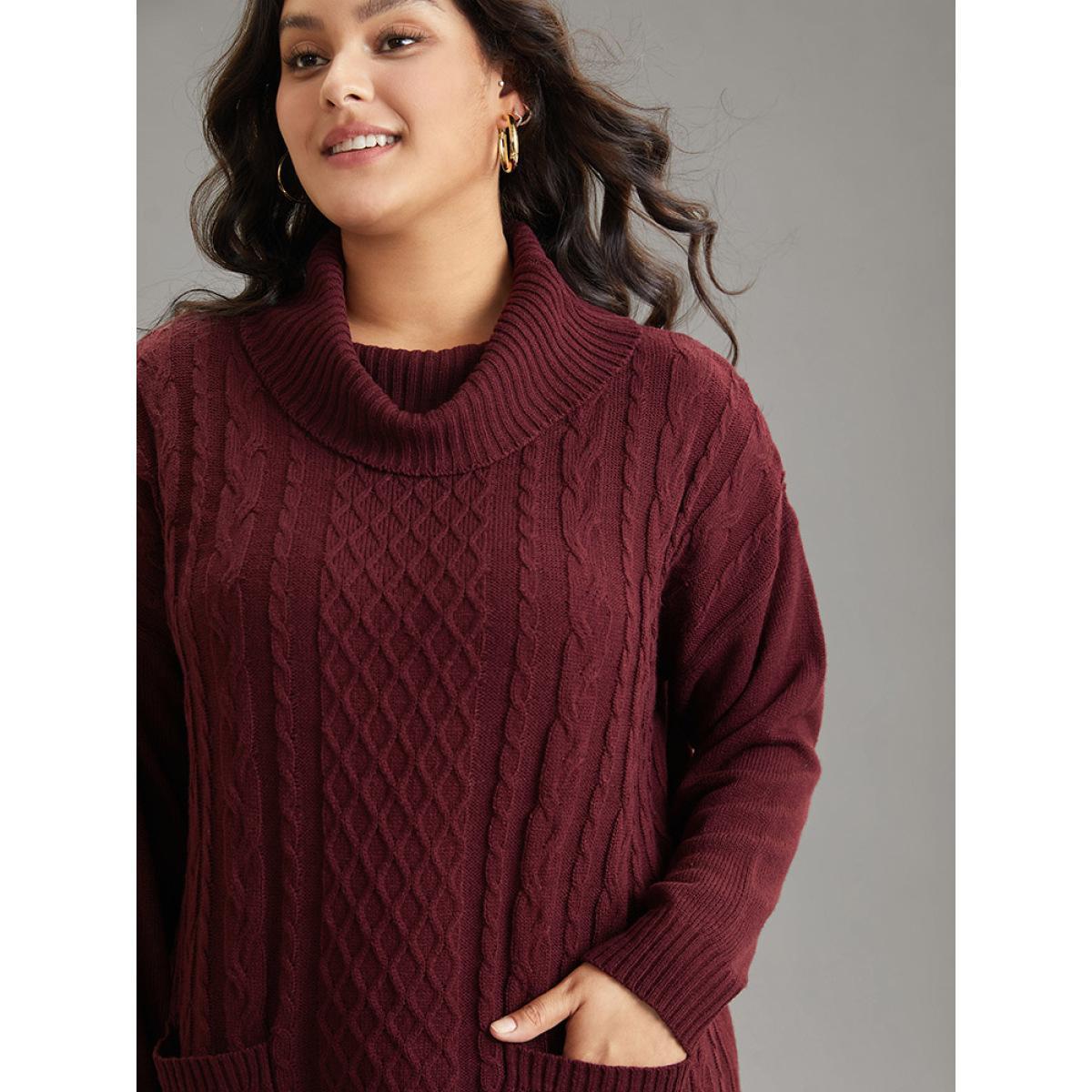 Plus Size Cable Knit Patched Pocket Turtle Neck Pullover Burgundy Women Casual Loose Long Sleeve Turtleneck Dailywear Pullovers BloomChic 28/5X Product Image
