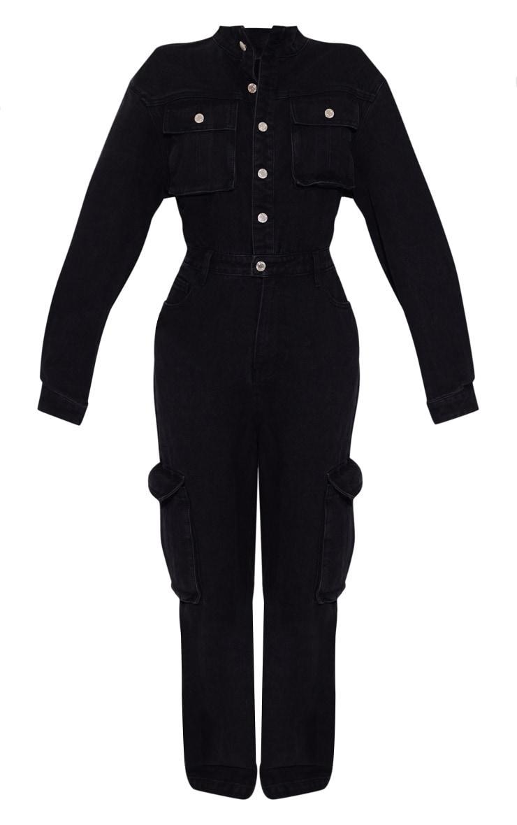 Washed Black Denim Cargo Wide Leg Jumpsuit Product Image