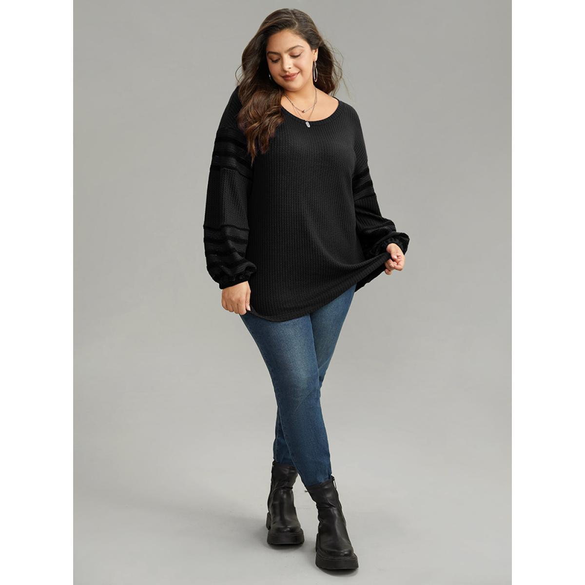 Plus Size Plain Texture Patchwork Hollow Out T-shirt Black Women Casual Elastic cuffs Plain Round Neck Dailywear T-shirts BloomChic 12/L Product Image