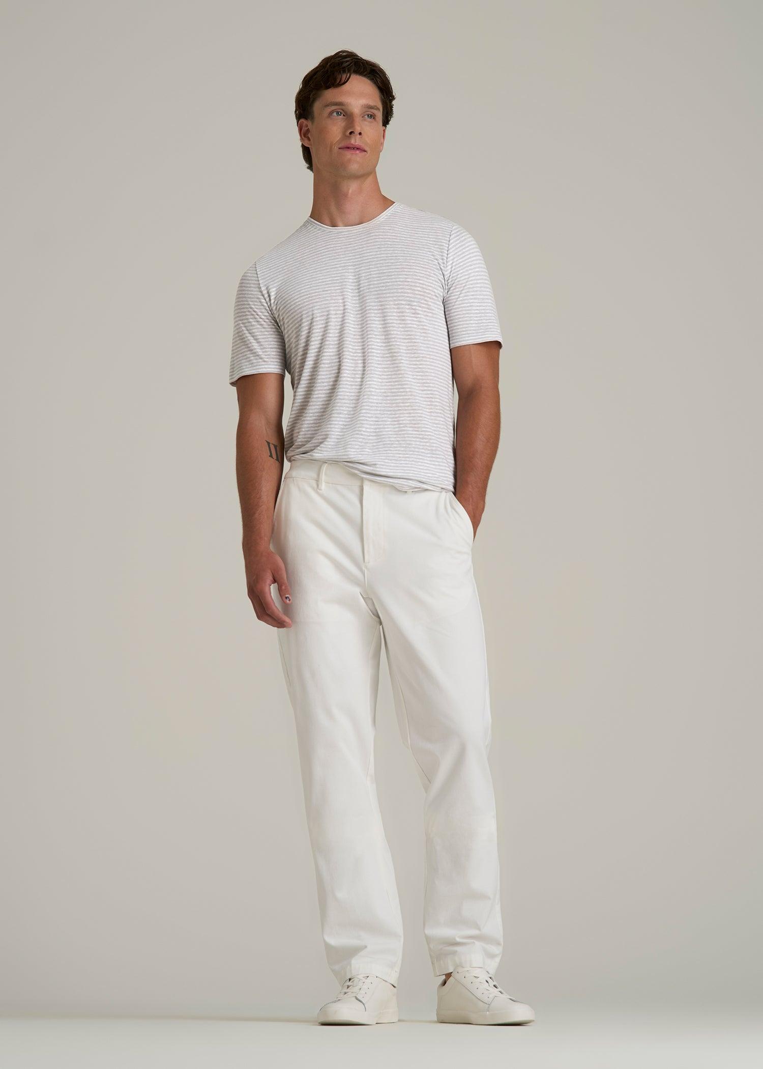 Linen Crewneck T-Shirt for Tall Men in Grey and White Mini Stripe Male Product Image