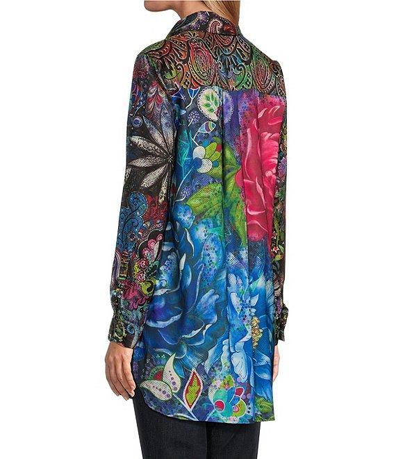 John Mark Mixed Print Satin Point Collar Long Roll-Tab Sleeve Button Front Blouse Product Image