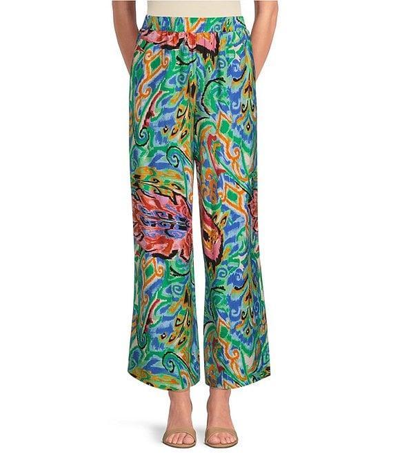 Calessa Coordinating Abstract Mosaic Print Point Collar Long Sleeve Tie-Front Blouse Product Image