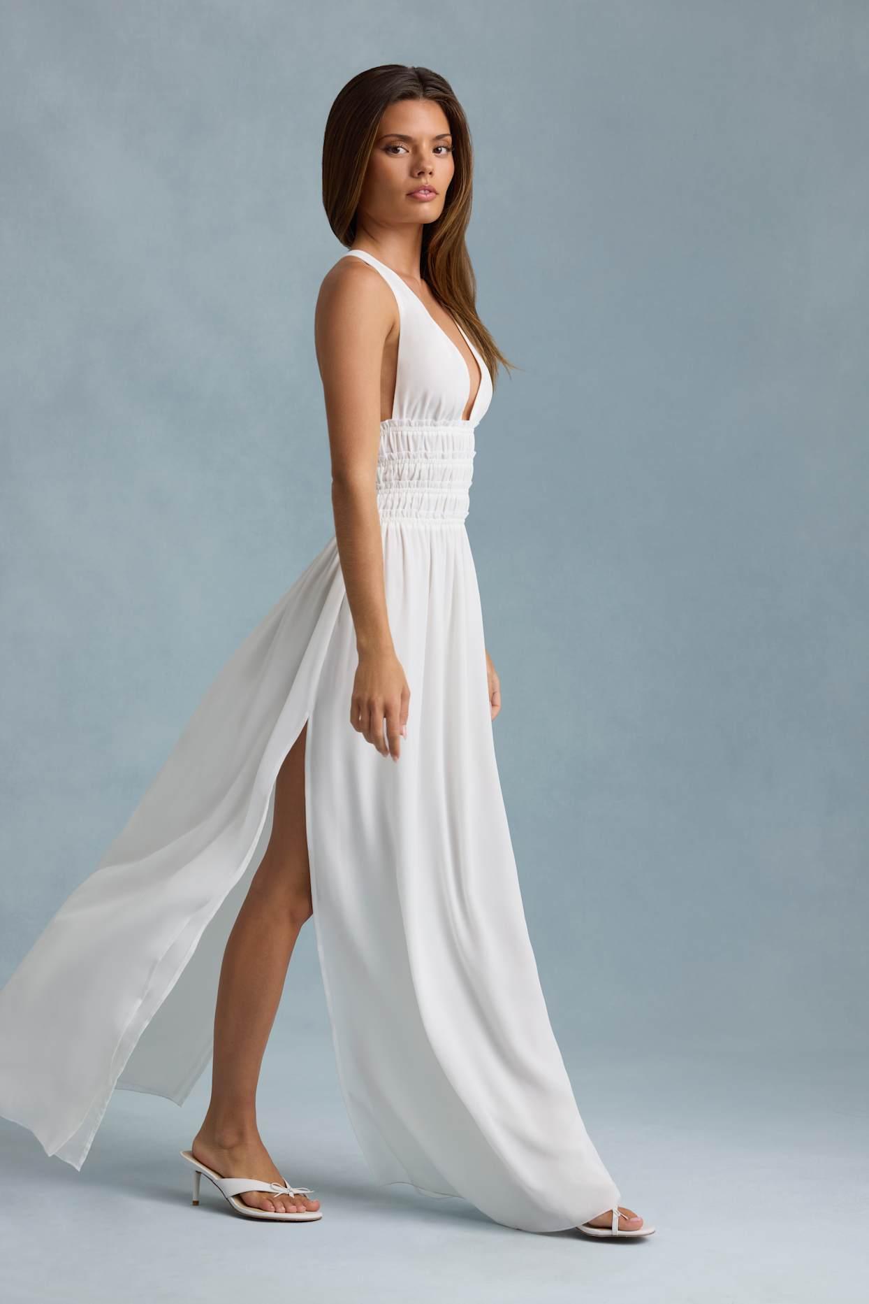 Plunge Cross-Back Maxi Dress in White Product Image