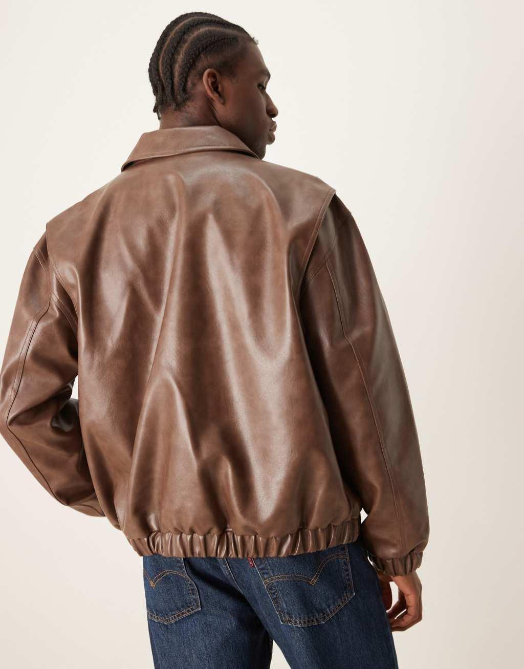 ASOS DESIGN faux leather oversized harrington jacket in distressed brown Product Image