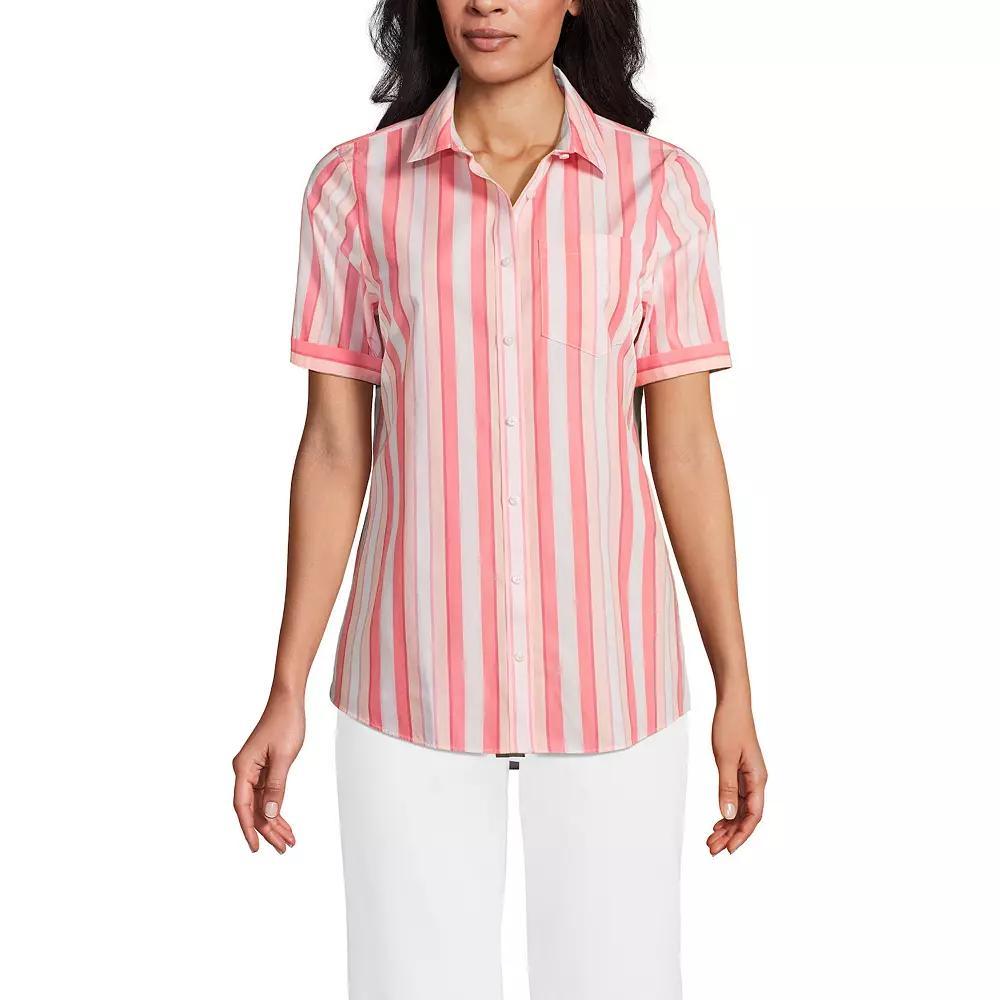 Women's Lands' End Wrinkle Free No Iron Short Sleeve Shirt, Size: Medium, Simply Pink Stripe Product Image