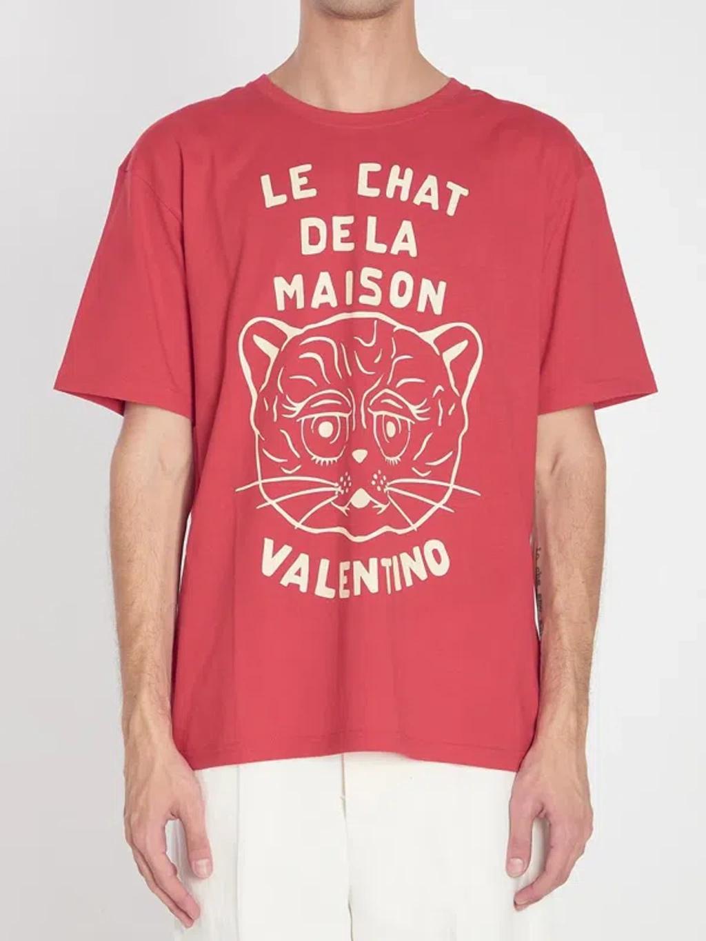 VALENTINO Graphic Print House Cat Crew Neck T-shirt In Red Product Image