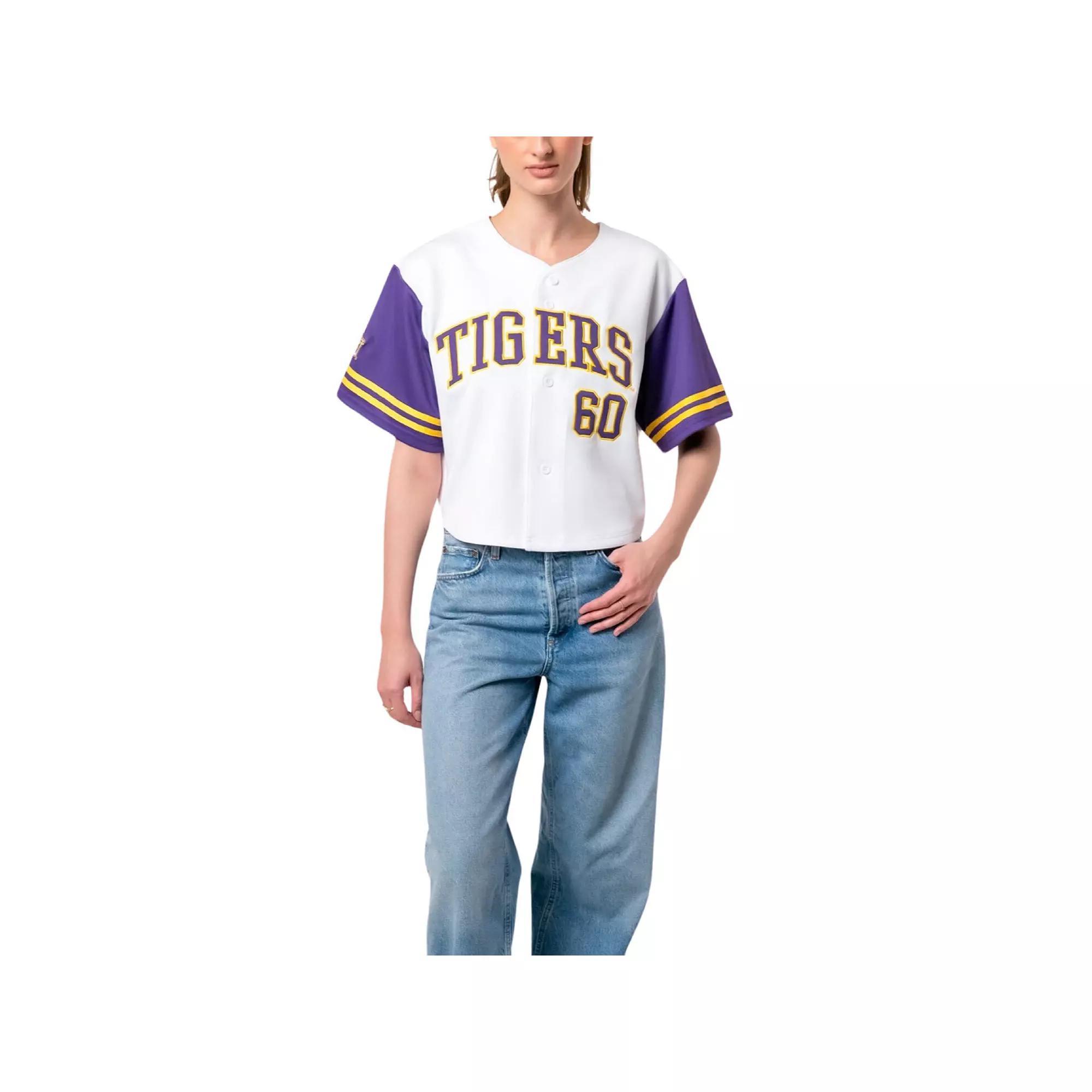 Women's Established & Co. White LSU Tigers Baseball Jersey Cropped T-Shirt,  Product Image