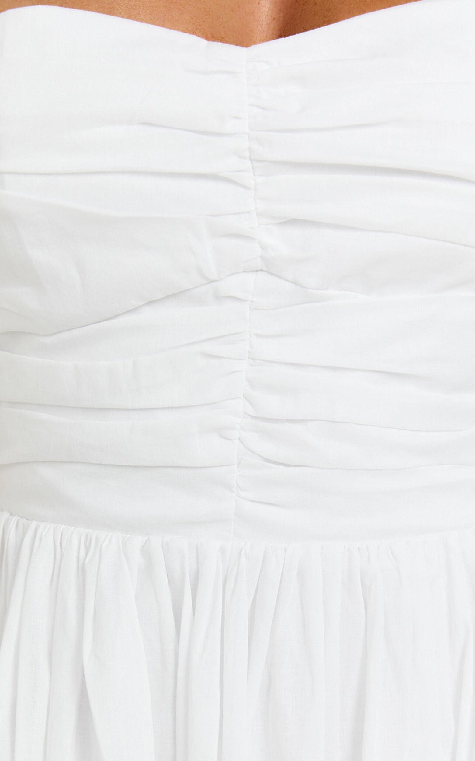 Caroline Midi Dress - Strapped Ruched Bodice Gathered Skirt Dress in White Product Image