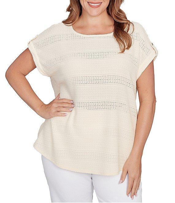 Ruby Rd. Plus Size Crochet Knit Boat Neck Short Button Tab Sleeve Top Product Image
