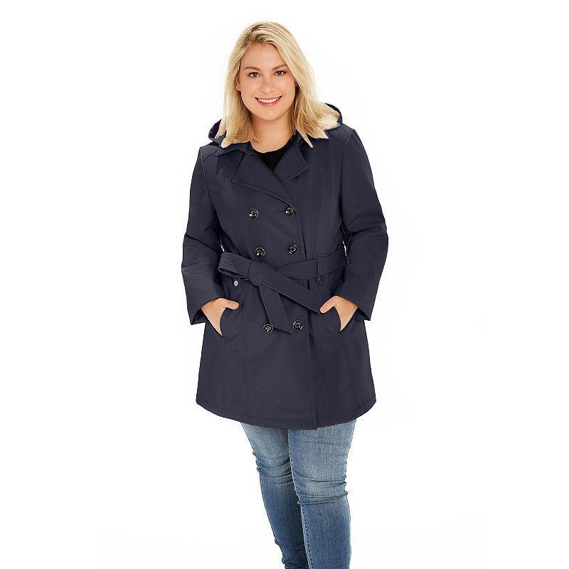 Plus Size Sebby Collection Double-Breasted Hooded Soft Shell Jacket, Womens Grey Product Image