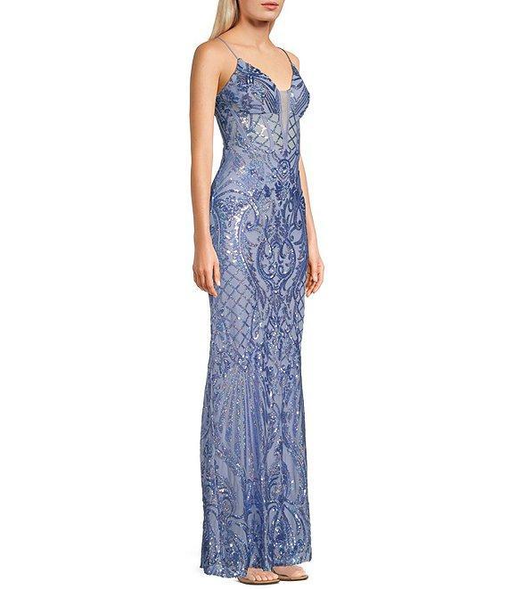 Next Up Sequin Low V-Neck Mesh Inset Sleeveless Dress Product Image