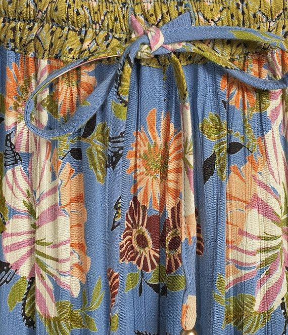 Angie Floral Border Print Elastic Waist Ruffle Hem Coordinating Pants Product Image