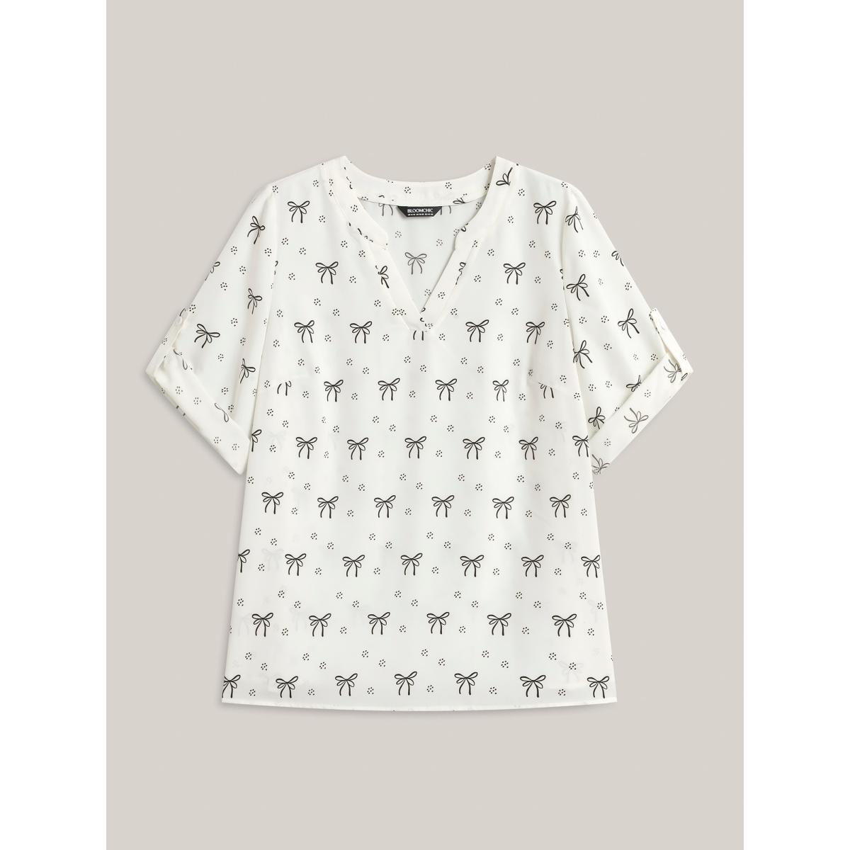 Plus Size Originalwhite Bow Fun Print Notched Collar Shirt Women Elbow-length sleeve Notched collar Work Blouses BloomChic 18-20/2X Product Image
